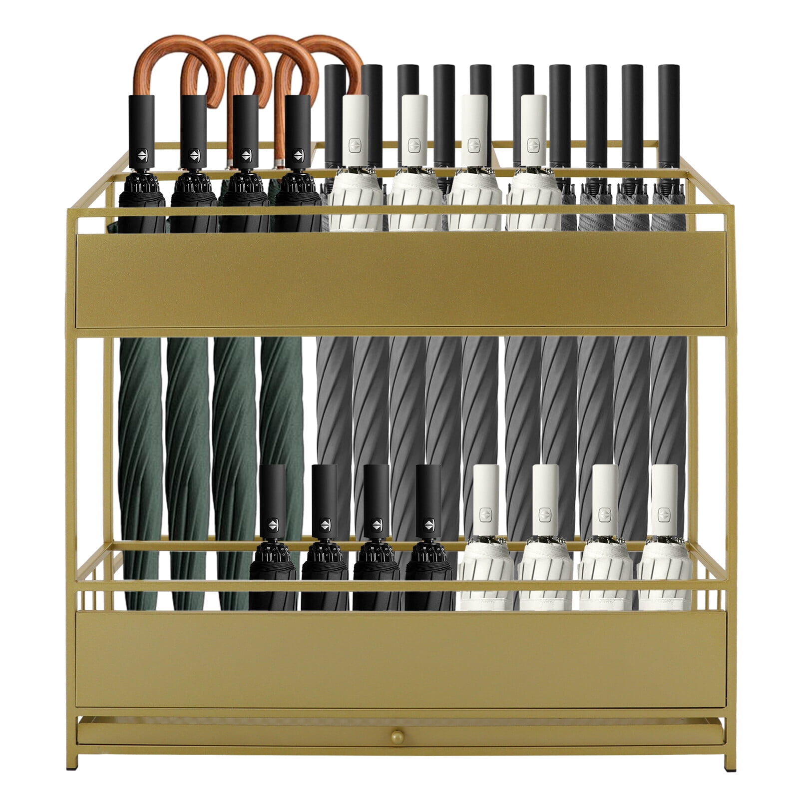 Large Umbrella Stand, Gold, 68x32x70cm Metal Umbrella Holder Rack with Drip Pan for Hotel, Mall, Office, Restaurant, Holds 30 Umbrellas