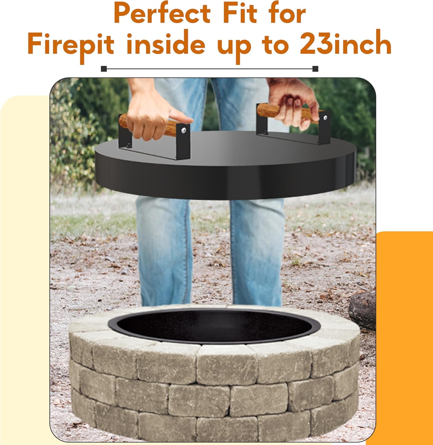 FEBTECH - Fire Pit Solid Cover Compatible with Fire Pit Inside Up to 23" - with 2 Wooden Handles