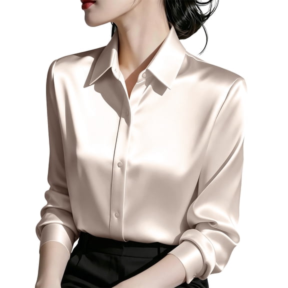 Bosfbaoi Womens Blouses Spread Collar Button Down Regular Fit Long Sleeve Satin Solid Casual Office Tops for Women