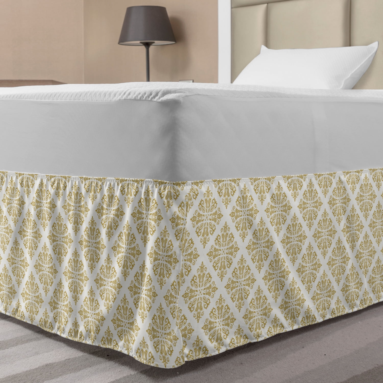Oriental Bed Skirt, Pattern in Yellow Golden Tone Cultural Traditional Feels, Elastic Bedskirt