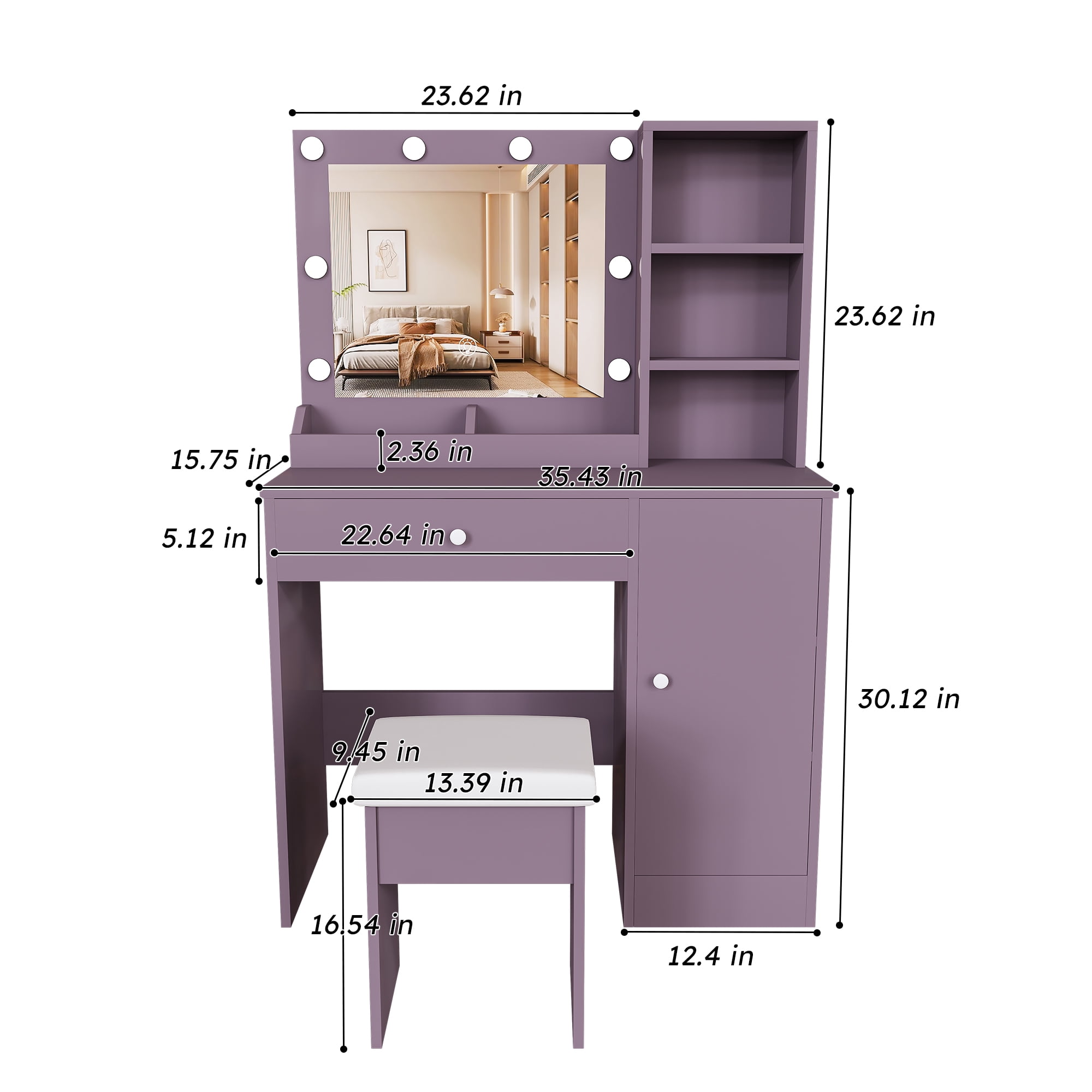 Vanity Desk Set with Padded Stool & Adjustable Lighted Mirror (Round Bulbs, 3 Color Modes), Modern Bedroom Makeup Vanity Desk Combo, Purple