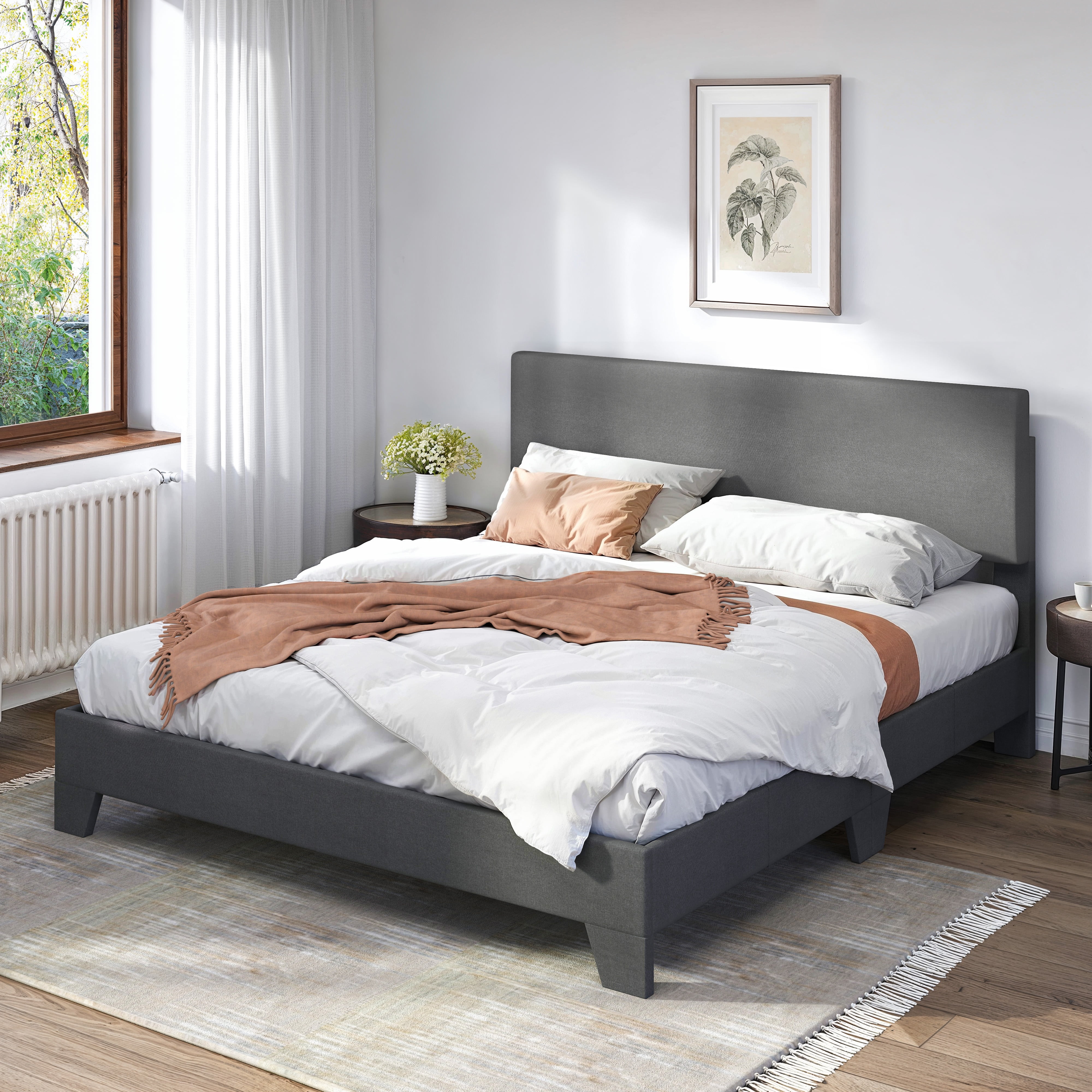 Sifurni Queen Platform Bed Frame with Upholstered Adjustable Fabric Headboard, Dark Grey