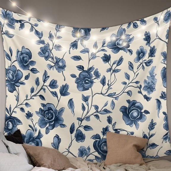 Navy Blue Floral Tapestry for Bedroom Wall Hanging Tapestry, Spring Vintage Blossom Botanical Ceiling Backdrop Tapestries Poster Blanket Wall Decor for Teens Room Living Room Dorm 55" x 73"