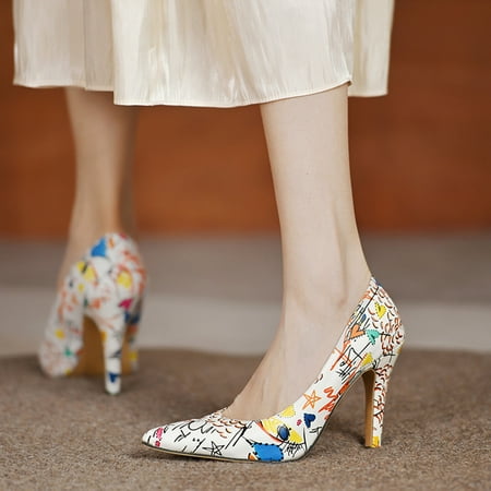 

Cathalem Shoes Toe Printing Work Leisure High Pointed Heels Women Single Shoes SlipOn Shoes Women s Pumps Pearl Pumps White 7