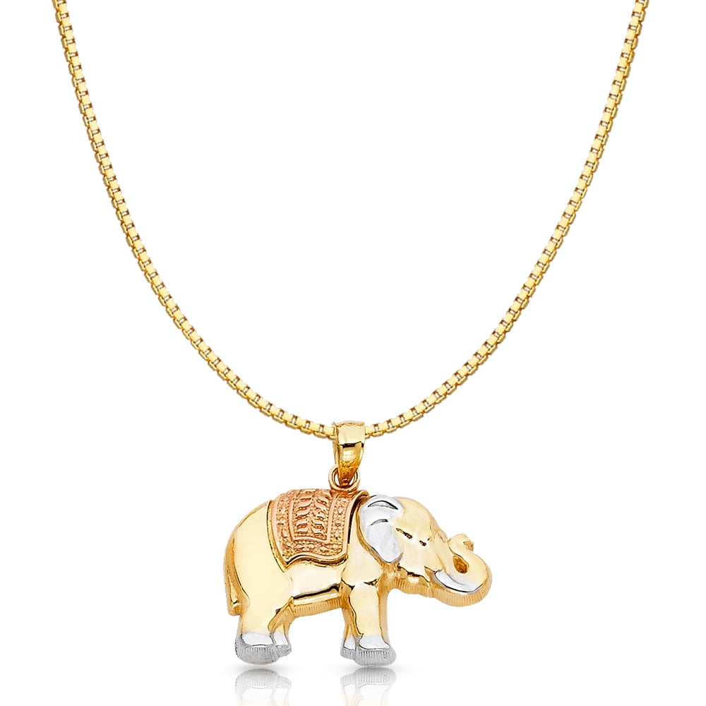 14K Tri Color Solid Gold Elephant Charm Pendant with 1.2mm Box Chain