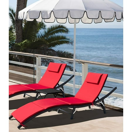 Lacoo 3 Pieces Furniture Outdoor Patio Lounge Chair Adjustable Folding Lawn Poolside Chaise Lounge Chair PE Rattan Patio Seating with Folding Table and Red Cushion