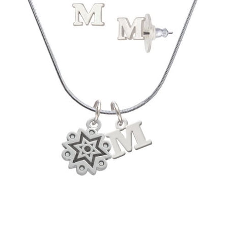 Antiqued Snowflake – M Initial Charm Necklace and Stud Earrings Jewelry Set
