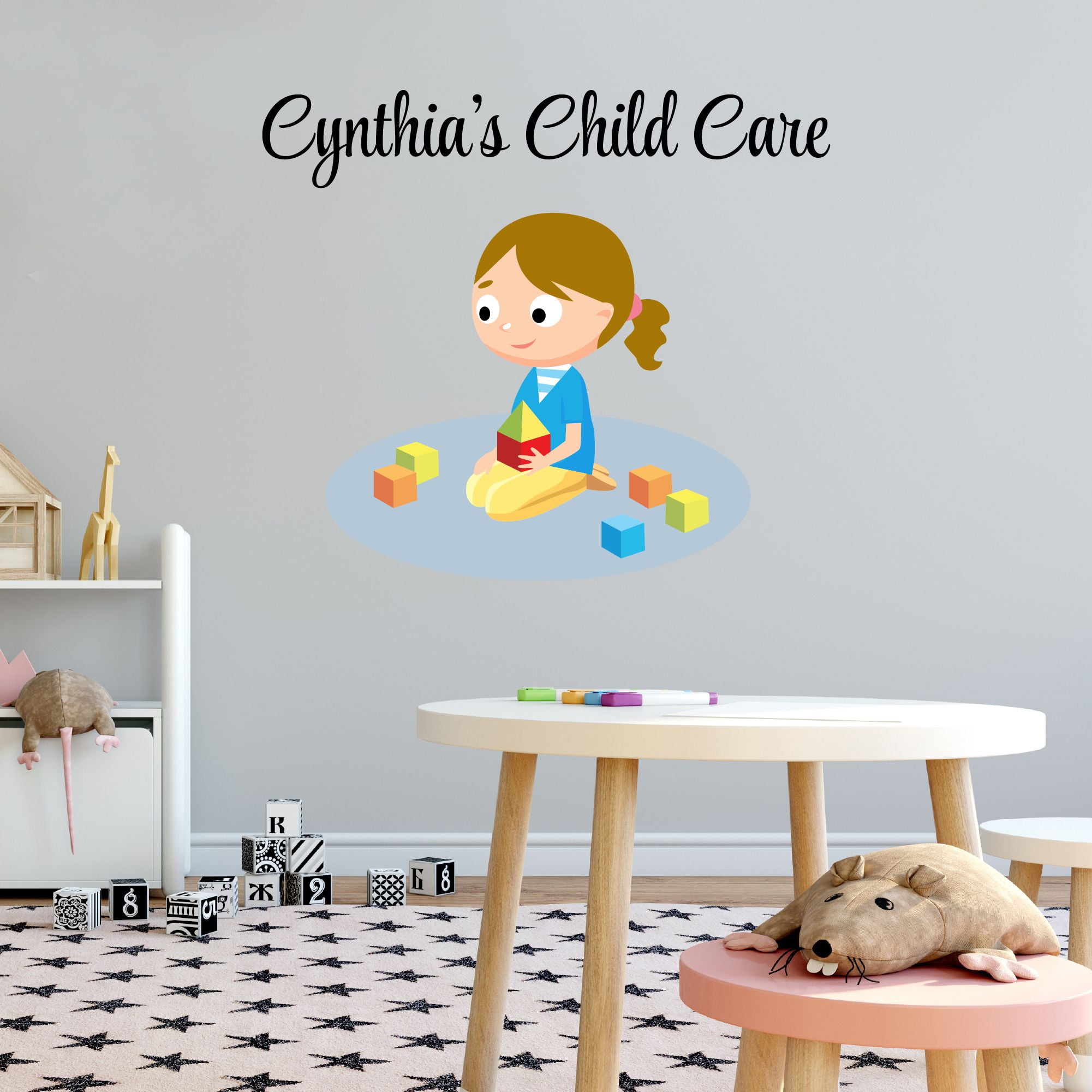 Personalized Name Day Care Wall Decal Cute Little Girl Playing with