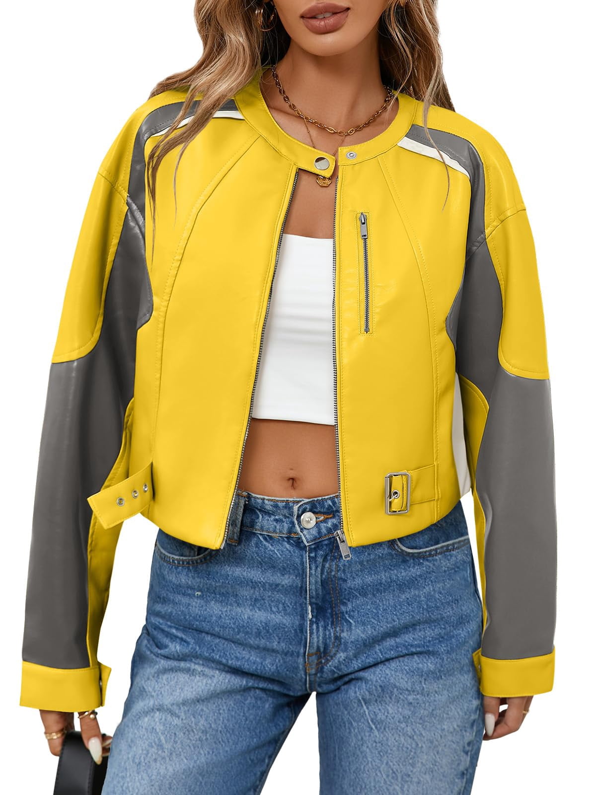Womens Faux Leather Bomber Jackets Cropped Zip Up Color Block Fall Casual Moto Biker Coats