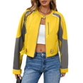 thumbnail image 2 of Womens Faux Leather Bomber Jackets Cropped Zip Up Color Block Fall Casual Moto Biker Coats, 2 of 6