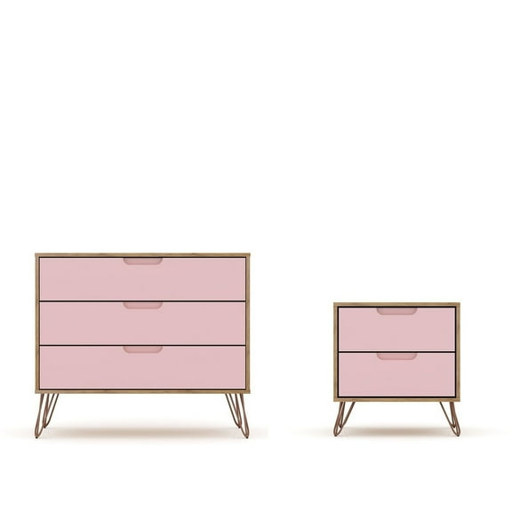 Manhattan Comfort Rockefeller Mic Century- Modern Dresser and Nightstand with Drawers- Set of 2 in Nature and Rose Pink