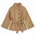 thumbnail image 4 of Miqool Women's Tweed Stand Collar Jacket Button Down Tie Waist Flare Long Sleeve Coat Trendy Casual Office Trench Coat, 4 of 8