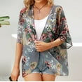 thumbnail image 5 of LMKIHUSA Women's Floral Print Puff Sleeve Kimono Cardigan Boho Sheer Lightweight 3/4 Sleeve Shrug Kimono Beach Cover Ups Casual Loose Front Open Chiffon Swimsuit Coverup,Gray,M, 5 of 9