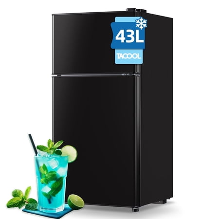 TACOOL Mini Refrigerator with Top Freezer 43 Liter Dual Door Small Refrigerator with 7-Level Adjustable Thermostat for Office  Black