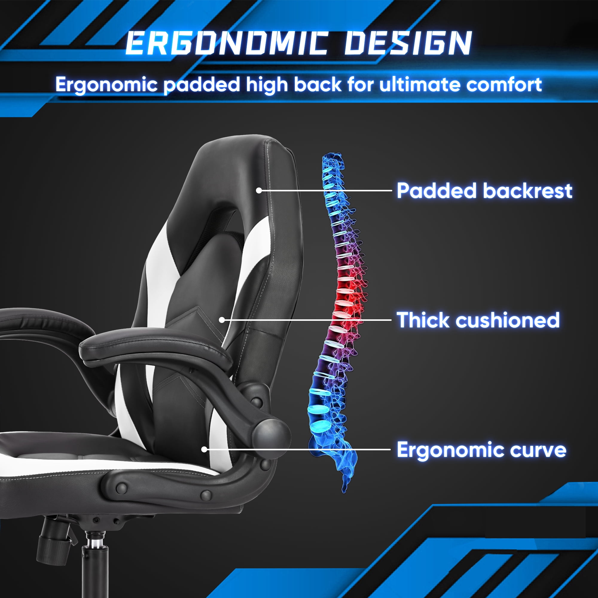 GIANNA Computer Gaming Desk Chair - Ergonomic Office Executive Adjustable Swivel Task PU Leather Racing Chair with Flip-up Armrest, Black White
