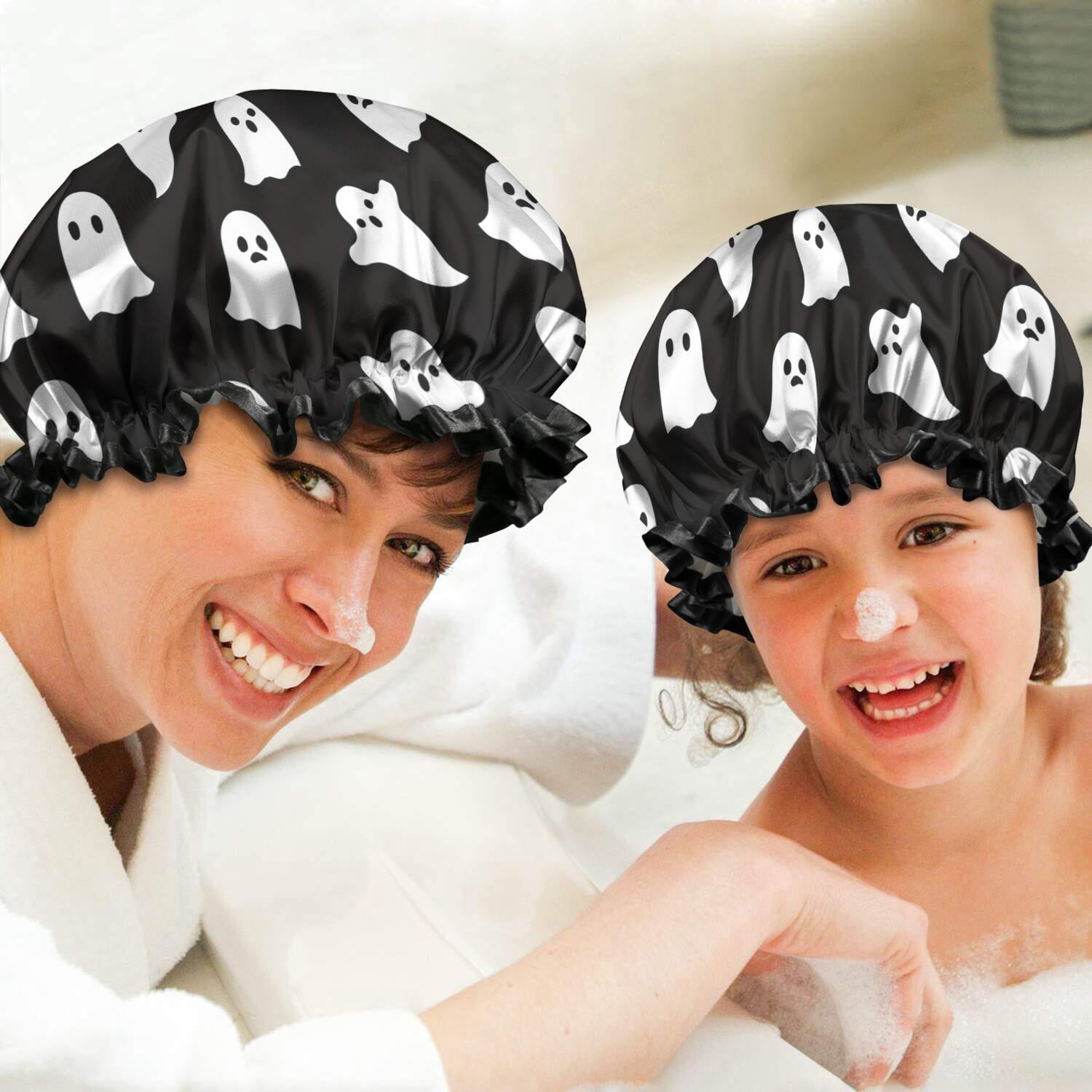 Shower Caps,Black Halloween Ghosts Waterproof Shower Cap for Women 4 Pieces,Double Reusable Hair Cover for Shower PEVA Elastic Stretch Hem