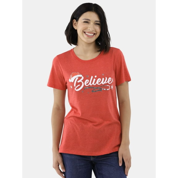 Fashion forward casual seasonal graphic t-shirt, branded Holiday Time, Ladies Christmas Tee, Sizes Small - 3XL, Graphic design titled-JUST BELIEVE