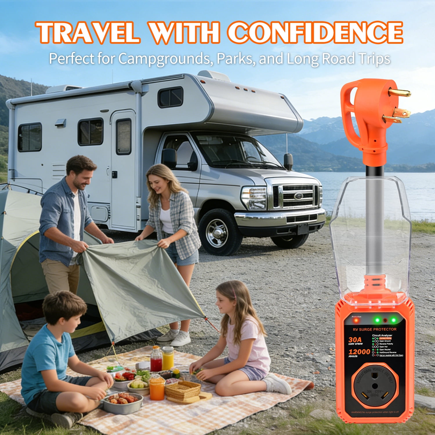 Askmuse RV Surge Protector 30 Amp, 12000 Joules Camper Power Protector, Smart Circuit Analyzer with LED Indicator, Waterproof Electrical Protection, 30 Amp RV Plug, Motorhome Camper Accessories