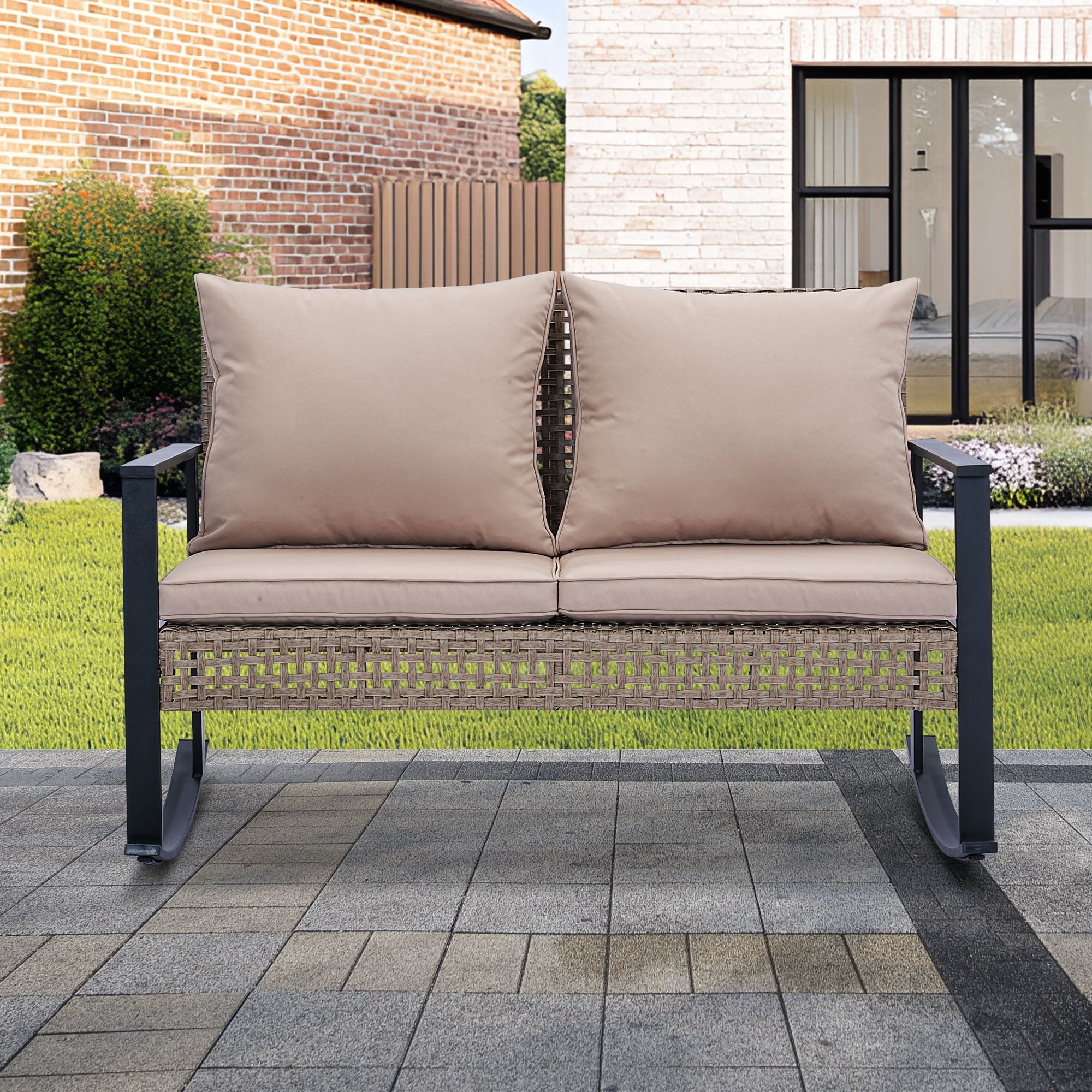 Ainfox Outdoor Patio Furniture Rocking Loveseat, Wicker Rattan Sofa,Khaki