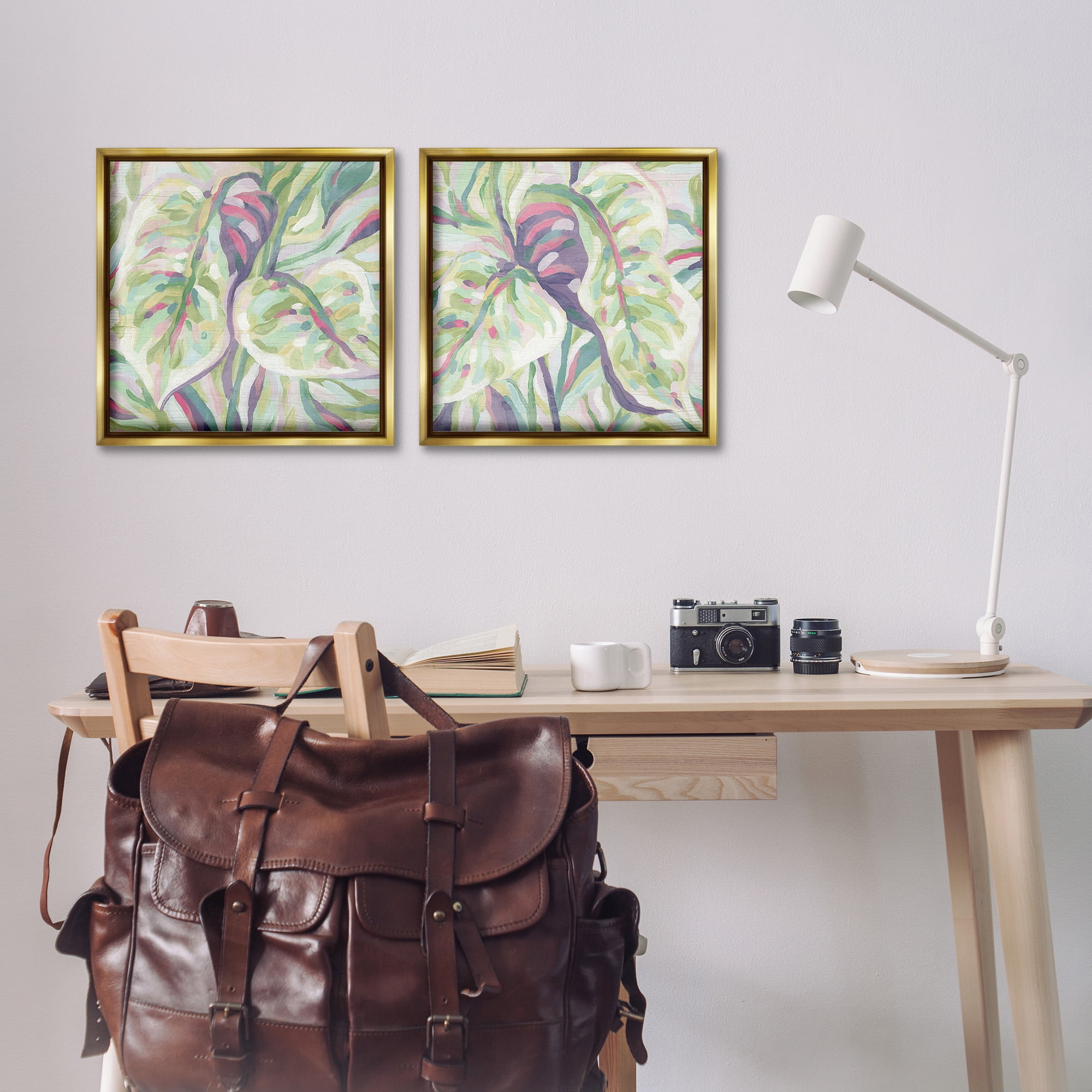 Stupell Industries Tropical Fronds Pattern Botanical & Floral Painting Gold Floater Framed Canvas Art Print Wall Art, 18 x 18, Set of 2