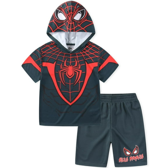 Marvel Spider-Man Miles Morales Short Sleeve Hooded T-Shirt and Short (Boys), 2 Piece Set, Sizes 4-12
