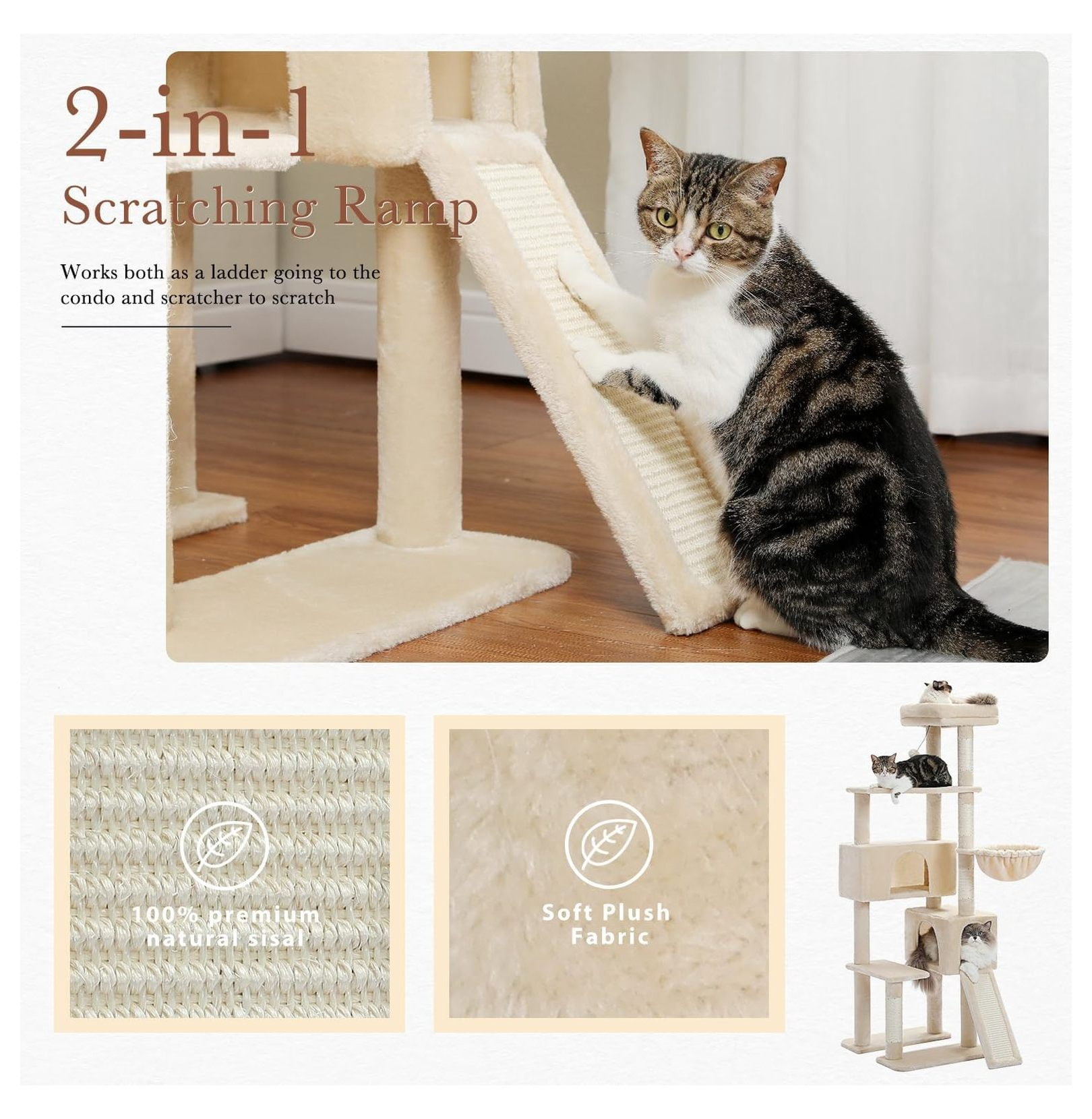 60'' Cat Tree Tower, Large Cat Condo with Scratching Posts, Cozy Hammock, Beige Indoor Cat Climbing Tower for Adult Cats
