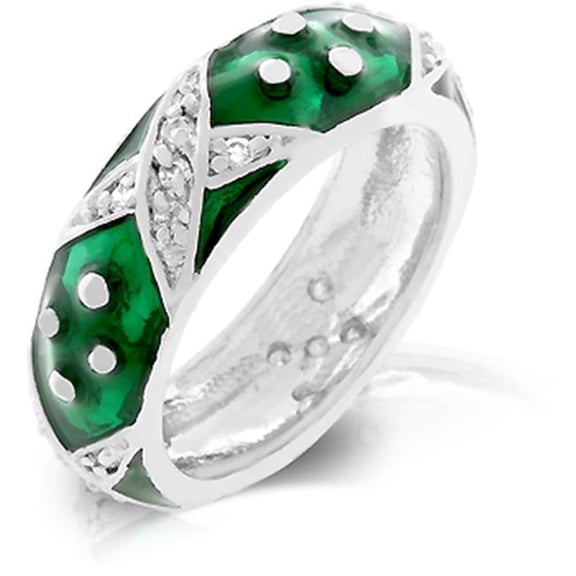 R07807R-V04-10 Genuine Rhodium Plated and Forest Green Hand Applied Enamel Overlay Eternity Ring with Handset Clear CZ Xs and Silvertone Polk-a-dots - Size 10