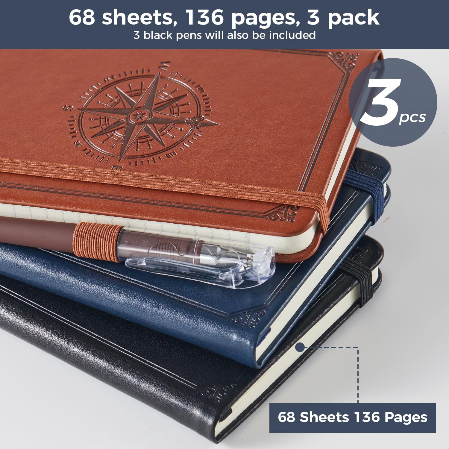 (3 Pack) Pocket Notebook Small Journal For Men Women  3.7" X 5.7" A6 Mini With Pen 100gsm Lined Paper Hardcover Notepad Work Writing Note Taking School Supplies