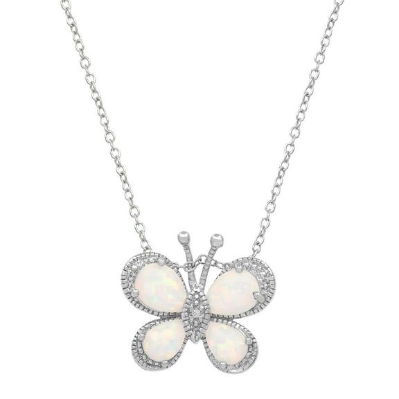Brilliance Women's Sterling Silver Cubic Zirconia and Created Opal Butterfly Pendant, 18" Chain