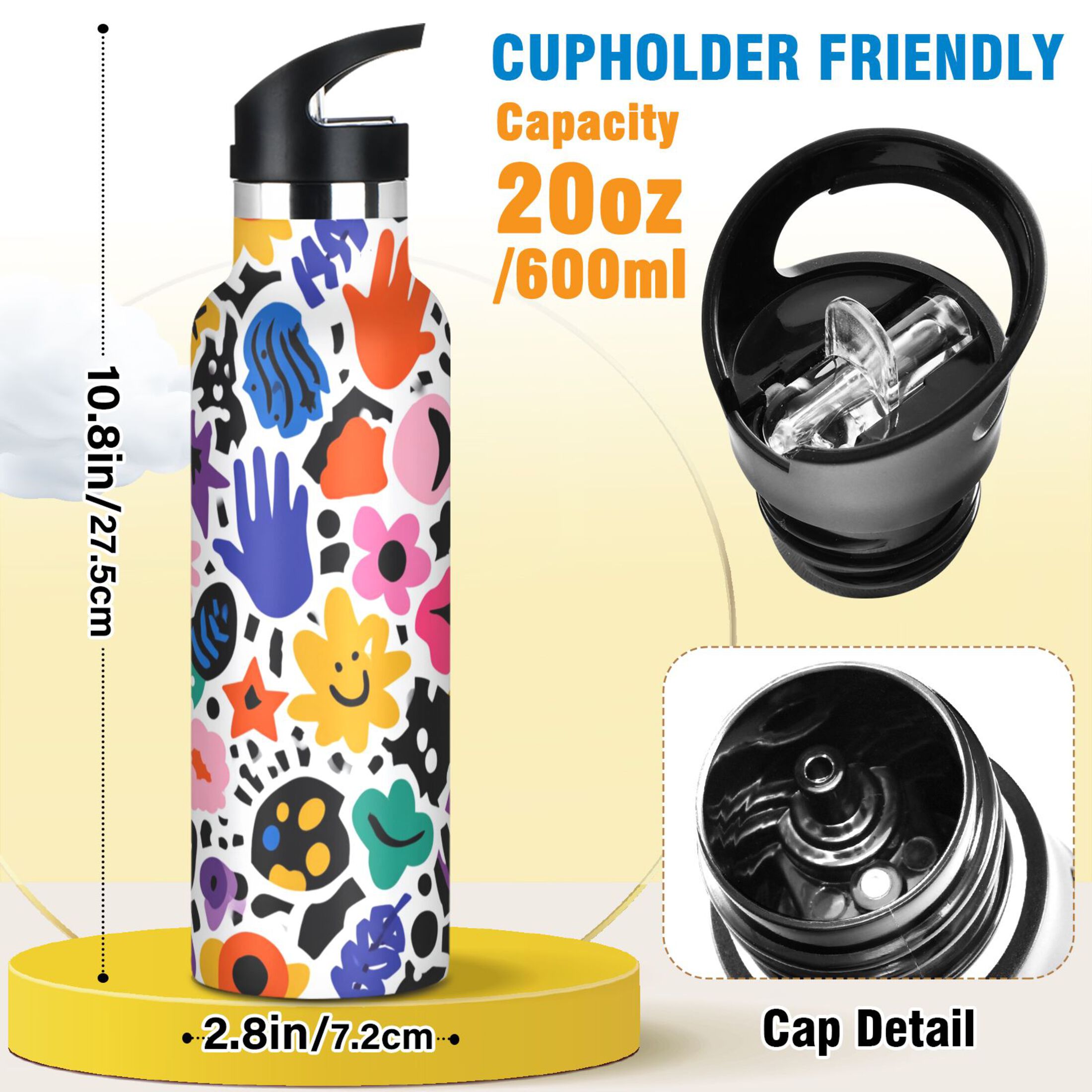 600ML Stainless Steel Insulated Cup Sports Water Bottle Portable Thermos Cup Water Glasses Insulated Tumblers Convenient and Durable Abstract Pattern