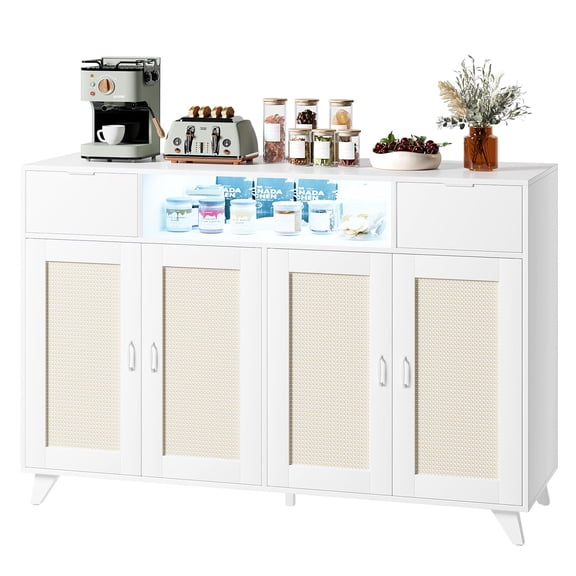 Rattan Sideboard Buffet Cabinet with Storage, Boho Wood Console with Charging Station and LED Lights, Adjustable Shelves for Dining Room, Entryway Coffee Bar