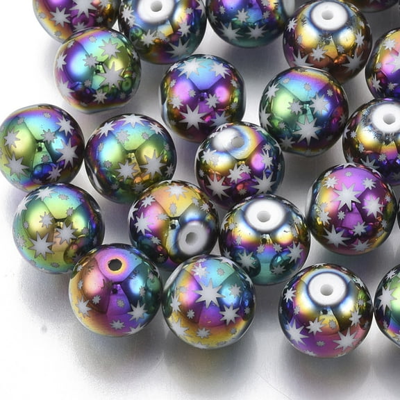 200 pc Christmas Electroplate Glass Beads Round with Star Pattern Multi-color Plated 10mm Hole: 1.2mm