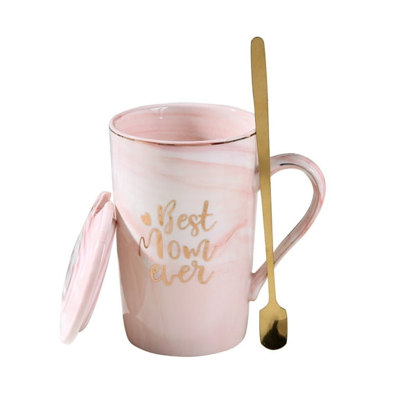 Clearance! npkgvia Mother’s Day Heartwarming Set: Exquisite Patterned Ceramic Mug with Lid And Gold Spoon in Two Stylish Designs Perfect for Celebrating Mom’s Love,Pink