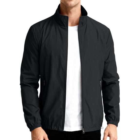 Bomber Jackets for Men Full Zip Up Stand Collar Jacket Long Sleeve Lightweight Windbreaker Outdoor Recreation Coats with Pocket Black S