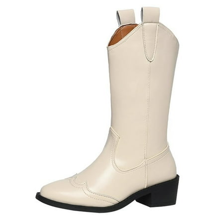 

Difumos Womens Fashion Low Heel Mid Calf Boots Non Slip Pointed Toe Pull On Shoes Walking Western Cowgirl Boot Beige 7