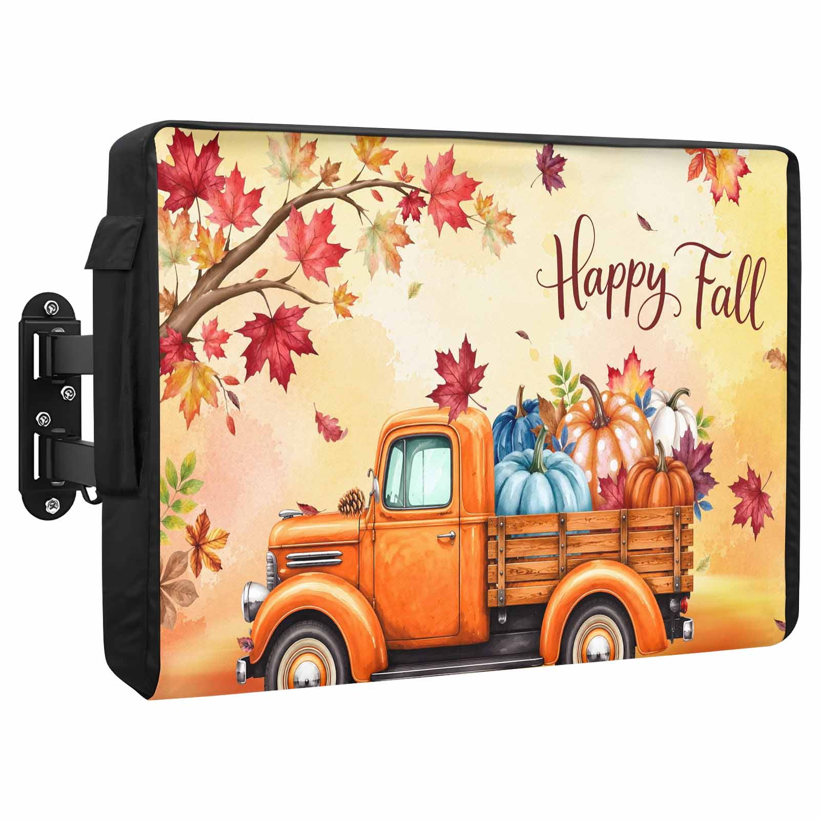 Thanksgiving Waterproof Outdoor TV Cover Happy Fall Pumpkin Truck Orange Maple Leaf Watercolor Outside Weatherproof TV Enclosures for 30 to 32 Inch LCD Television Shield Flat Screen Protectors