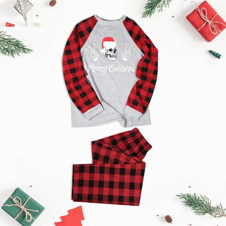

Christmas Gifts Family Matching Christmas Pajamas Set Plaid Sleeves Cute Pattern Printing Festival for Adults & Kids Parent Child Outfit (Dad) Polyester Grey M