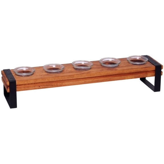 Hosley 19-Inch Brown Wood Tealight Candle Holder with 5 Glass Cups, Farmhouse Table Centerpiece for Home Decor