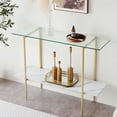 thumbnail image 1 of Rectangle Coffee Table Mid-Century Modern Design L W x H for Living Room - Structure Amber Glass Top and Walnut MDF Shelf Sleek Conical Metal Legs with Gold Finish, 1 of 9