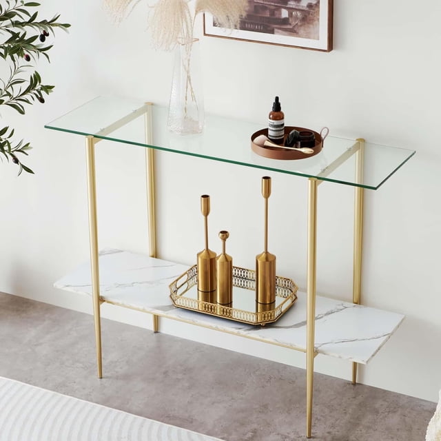 Rectangle Coffee Table Mid-Century Modern Design L W x H for Living Room - Structure Amber Glass Top and Walnut MDF Shelf Sleek Conical Metal Legs with Gold Finish