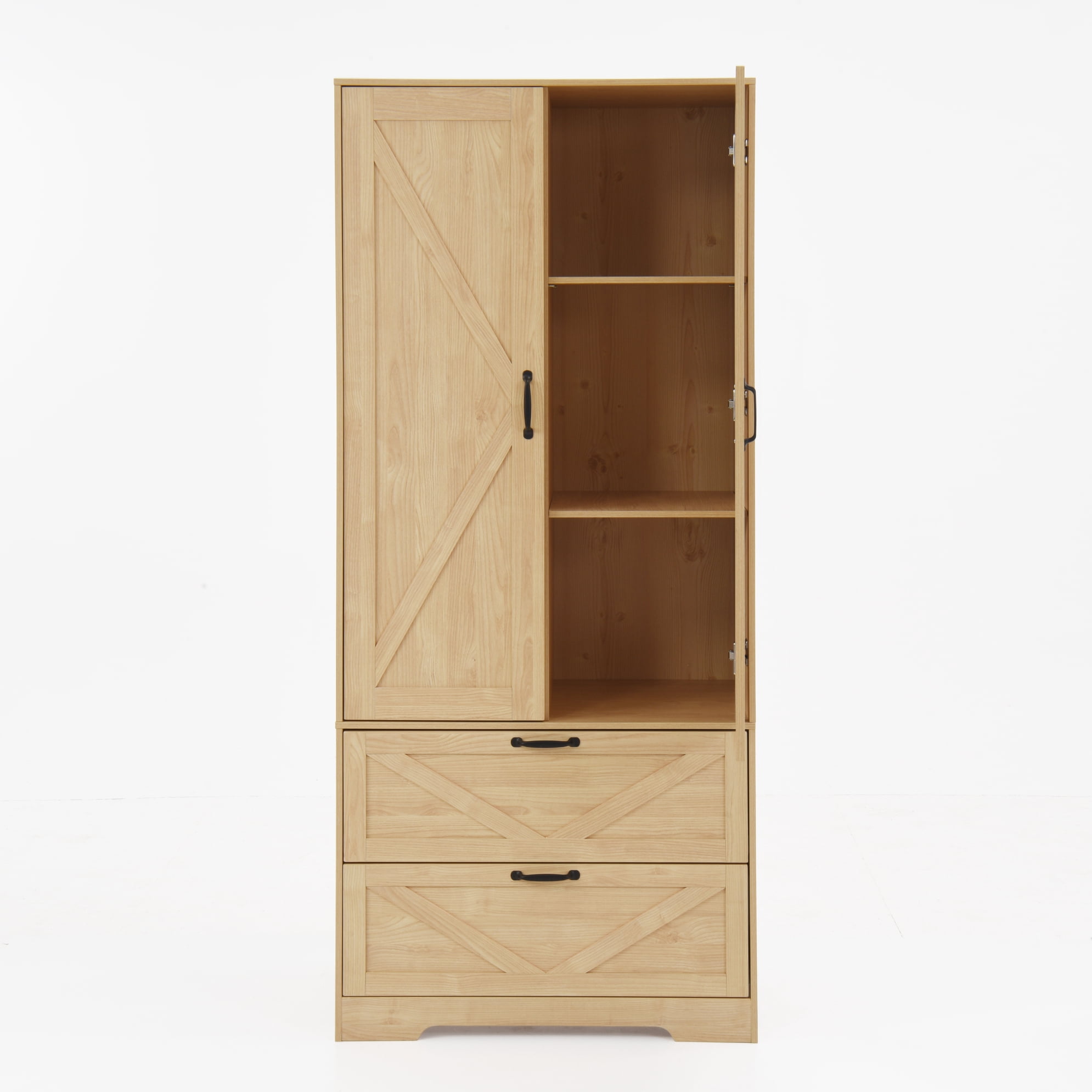 Noble House 2 Doors Wardrobe Closet with Mirror, Drawers and Hanging Rod, Natural