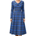 thumbnail image 5 of JUUNthy Women Plaid Midi Dress, Long Sleeve High Waist Pleated A-Line Ruffle Collar Vintage Casual Flowy Dress Purple L, 5 of 15