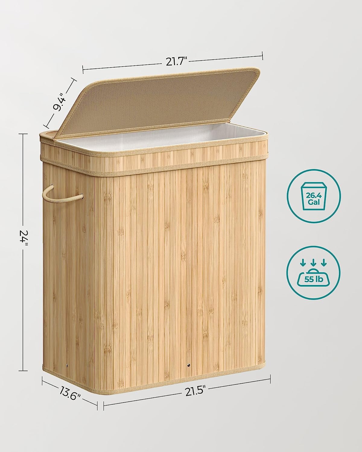100L Laundry Hamper with Lid Bamboo Laundry Basket with Liner Bag Foldable Storage Hamper with Handles Natural