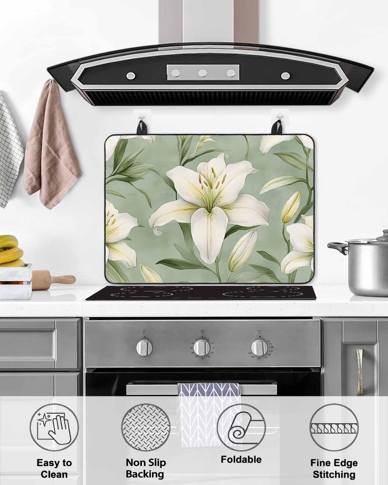 nqOlkjepod Large Induction Cooktop Protector Mat 24"x21", Spring Blooms Floral Stove Top Covers for Electric Stove, Sage Green Botanical Decorative Stove Burner Cover Mats, Glass Top Stove Cover