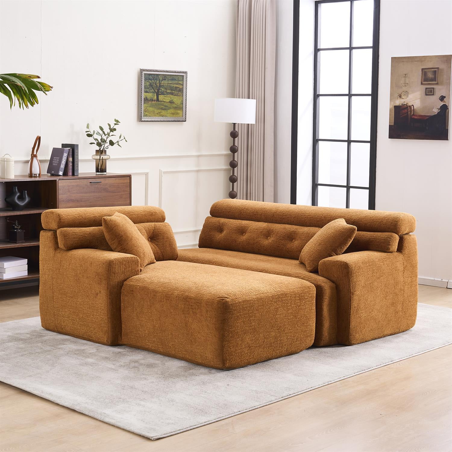 Demi Bonn 105" Modern L-Shaped Sectional Sofa, 3-Seater Couch with Chaise Lounge, 2 Accent Pillows, Wood Grain Chenille Fabric for Living Rooms, Orange