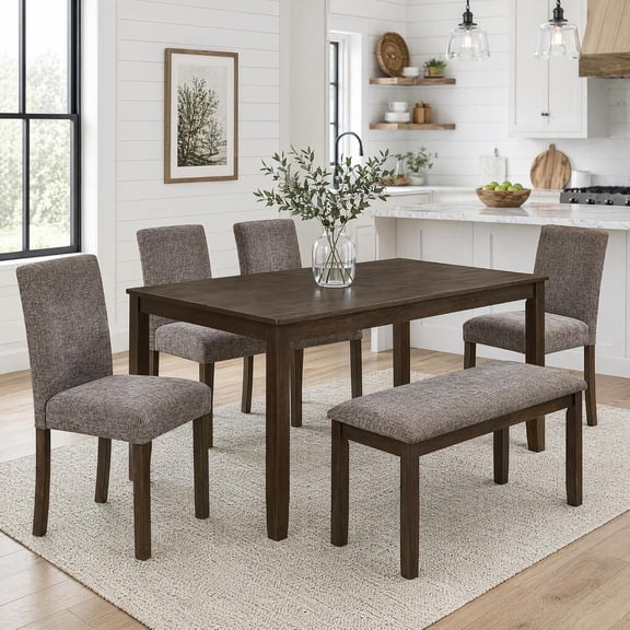LJAN Modern 6 Piece Dining Room Table Set with Rectangular Table 4 Upholstered Backrest Chairs and a Bench, Counter Height Kitchen Sets with Wood Grain Surface