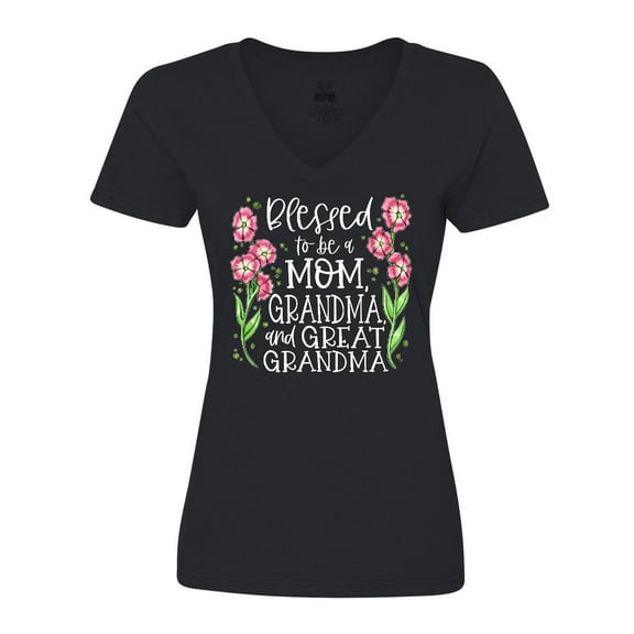Inktastic Blessed to Be a Mom, Grandma, and Great Grandma Pink Flowers Women's V-Neck T-Shirt