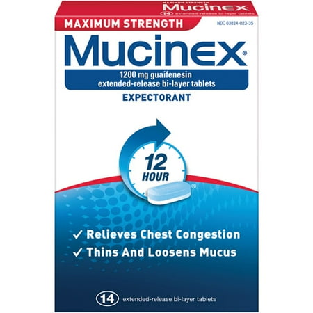 Mucinex Maximum Strength 12 Hour Chest Congestion Expectorant Relief Tablets, 1200 mg, 14 Count, Thins & Loosens (Best Medicine For A Cough And Mucus)