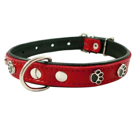 Genuine High Quality Red Leather Metal Paw Studs Soft Leather Padded Dog Collar 3/4