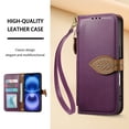 thumbnail image 3 of Wallet Case for iPhone 12 Pro / 12 Flip PU Leather Protective Kickstand Cover, with Lanyard & Crossbody Strap Shock-Absorbent Card Slots Zipper Pocket Leaf Design Magnetic Clasp Phone Case, Purple, 3 of 12